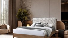 Pat tapitat din lemn masiv Barcelona cu somiera fixa Bej 140x200 cm