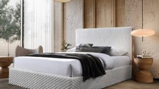 Pat tapitat Nordic Bej cu stofa bucla cu somiera metalica rabatabila si spatiu de depozitare 160x200