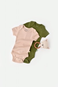 Set 2 body-uri bebe unisex din bumbac organic si modal - Verde/Blush, BabyCosy - 1