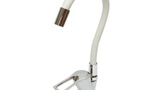 Baterie chiuveta bucatarie cu pipa flexibila, finisaj crom cu alb, stativ cu monocomanda, material aliaj zinc, accesorii incluse, Cod: DISPM67