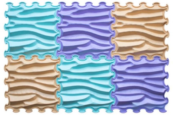 Covoras ortopedic, senzorial, set puzzle, 6 piese, model Sandy Waves, textura rigida, Multicolor