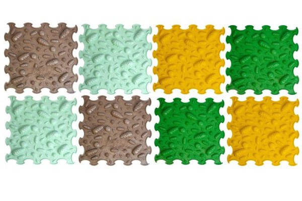 Covoras ortopedic, senzorial, set puzzle, 8 piese, model Pinecones, textura rigida, Multicolor