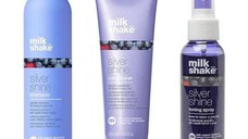 Pachet pentru Par Blond, Gri sau Alb - Milk Shake Silver Shine: Sampon, 300 ml + Balsam, 250 ml + Spray Nuantator pentru Neutralizarea Tonurilor de Galben, 100 ml