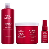 Pachet Reparator pentru Par Deteriorat - Wella Professionals Ultimate Repair: Sampon Ultimate Repair Shampoo, 1000 ml + Balsam Deep Conditioner, 500 ml + Ser Reparator Miracle Rescue, 30 ml - 1
