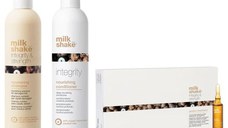Pachet Tratament Intensiv pentru Par Uscat si Deteriorat - Milk Shake Integrity & Strength: Sampon, 300 ml + Balsam, 300 ml + Fiole, 8 x 10 ml