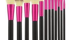Set 12 Pensule Negre cu Roz pentru Machiaj - Mimo Makeup Brush Black & Pink, 12 buc