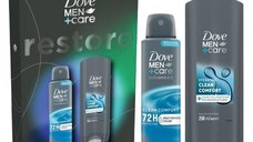 Set Cadou Dove Men +Care Restore Collection - Gel de Dus Hydrating Clean Comfort Body, Face & Hair Wash, 250 ml + Deodorant Spray Advanced 72h Protection Clean Comfort, 150 ml