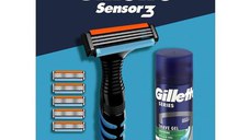 Set Cadou Gillette Sensor 3: Aparat de Ras cu 5 Rezerve + Gel de ras Series Shave Gel Soothing Sensitive with Aloe Vera, 75 ml, 1 set