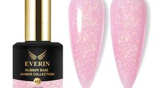 Rubber Base Everin Amber Collection 03 – Bază Cauciucată Roz Pastel cu Fulgi Aurii Irizați, HEMA & TPO Free, 15ml