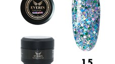 Twinkle Color Gel EVERIN 5ml – 15 | Gel Color Albastru-Turcoaz cu Sclipici Holografic Multicolor pentru Manichiură Profesională