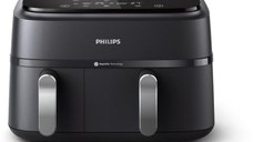 Friteuza dubla fara ulei Philips Airfryer Seria 3000 NA351/00, 2750 W, tehnologia Rapid Air, 2 recipiente de 2 dimensiuni, afisaj digital, 8 presetari, capacitate 9 litri, cronometru, compatibila cu HomeID (Negru)
