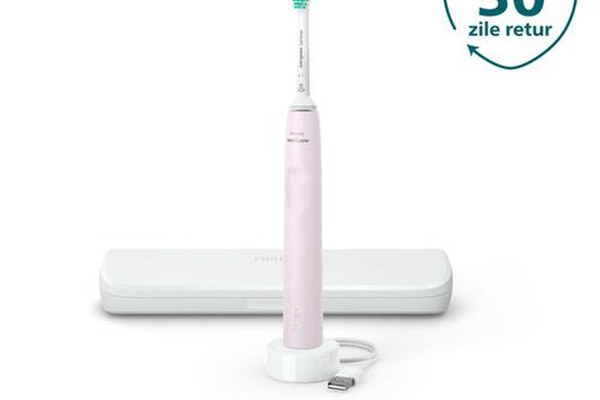 Periuta de dinti sonica electrica Philips Sonicare Seria 3100 HX3673/11, 31000 miscari/minut, 1 mod de curatare, senzor presiune, functia BrushSync, 1 cap de periere, toc de transport, Roz pastel