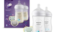 Set nou-nascut Philips Avent Natural Response SCD837/11, tetina care functioneaza ca sanul mamei, tetina fara scurgeri, 2 biberoane decorative de 260 ml, 2 suzete ultra-soft 0-6 luni