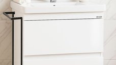 Baza frontala MDF cu Lavoar seria 286, 60 cm, alb, cu sertare si cadru metalic