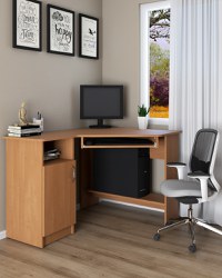 Birou de colt SU-14, cu suport glisant pentru tastatura, rafturi depozitare, usa, cires, 90x120x75 cm - 1