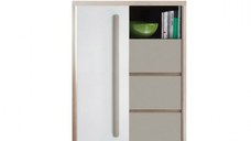 Comoda ROMA 8, cu usa si 3 sertare, corp PAL stejar sonoma, fronturi MDF gri mat + alb lucios, 90x43x117 cm