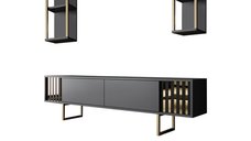 Comoda TV GOLD LINE, cu rafturi de perete, antracit + negru, 180x30x48 cm