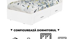 Configurator Dormitor ALMA, alb, de la Pat Colt 120x200 cm, cu 2 sertare laterale pe role, adauga Saltea, Noptiere, Comoda, Dulap