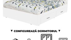 Configurator Dormitor ALMA, alb, de la Pat Colt 140x200 cm, cu 2 sertare laterale pe role, adauga Saltea, Noptiere, Comoda, Dulap