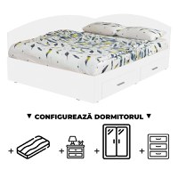 Configurator Dormitor ALMA, alb, de la Pat Colt 160x200 cm, cu 2 sertare laterale pe role, adauga Saltea, Noptiere, Comoda, Dulap - 1