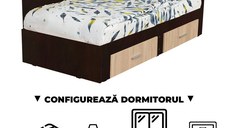 Configurator Dormitor ALMA, sonoma inchis + sonoma deschis, de la Pat Colt Alma 90x200 cm, cu 2 sertare laterale pe role, adauga Saltea, Noptiere, Comoda, Dulap