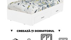Creeaza-ti Dormitorul ALMA, alb, de la Pat Colt 120x200 cm, cu 2 sertare laterale pe role, adauga Saltea, Noptiere, Comoda, Dulap