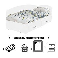 Creeaza-ti Dormitorul ALMA, alb, de la Pat Colt 120x200 cm, cu 2 sertare laterale pe role, adauga Saltea, Noptiere, Comoda, Dulap - 1