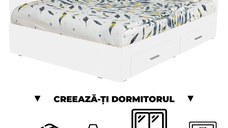 Creeaza-ti Dormitorul ALMA, alb, de la Pat Colt 140x200 cm, cu 2 sertare laterale pe role, adauga Saltea, Noptiere, Comoda, Dulap