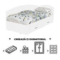 Creeaza-ti Dormitorul ALMA, alb, de la Pat Colt 90x200 cm, cu 2 sertare laterale pe role, adauga Saltea, Noptiere, Comoda, Dulap - 1