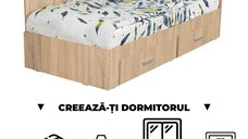 Creeaza-ti Dormitorul ALMA, sonoma deschis, de la Pat Colt Alma 120x200 cm, cu 2 sertare laterale pe role, adauga Saltea, Noptiere, Comoda, Dulap