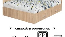 Creeaza-ti Dormitorul ALMA, sonoma deschis, de la Pat Colt Alma 140x200 cm, cu 2 sertare laterale pe role, adauga Saltea, Noptiere, Comoda, Dulap