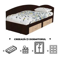 Creeaza-ti Dormitorul ALMA, sonoma inchis + sonoma deschis, de la Pat Colt Alma 120x200 cm, cu 2 sertare laterale pe role, adauga Saltea, Noptiere, Comoda, Dulap - 1