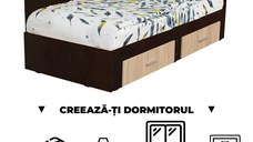 Creeaza-ti Dormitorul ALMA, sonoma inchis + sonoma deschis, de la Pat Colt Alma 120x200 cm, cu 2 sertare laterale pe role, adauga Saltea, Noptiere, Comoda, Dulap