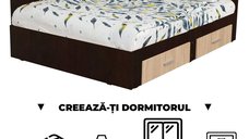 Creeaza-ti Dormitorul ALMA, sonoma inchis + sonoma deschis, de la Pat Colt Alma 140x200 cm, cu 2 sertare laterale pe role, adauga Saltea, Noptiere, Comoda, Dulap