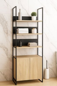 Dulap baie seria 760, cadru metalic, front MDF, 2 usi, antracit + sonoma, 67x37x190 cm - 1