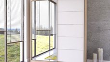 Dulap BELLA 03, usi glisante, oglinda, 6 rafturi, bara de haine, sonoma + alb, 183x61x218 cm