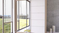 Dulap BELLA 03, usi glisante, oglinda, 6 rafturi, bara de haine, sonoma + alb, 183x61x218 cm