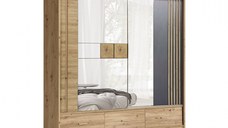 Dulap CANADA CA-2-200, usi glisante si 3 sertare, 5 rafturi, bara de haine, oglinda, stejar artisan + gri grafit, 200x60x215 cm