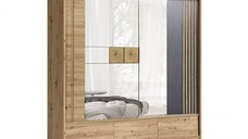 Dulap CANADA CA-2-200, usi glisante si 3 sertare, 5 rafturi, bara de haine, oglinda, stejar artisan + gri grafit, 200x60x215 cm