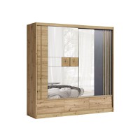 Dulap CANADA CA-2-200, usi glisante si 3 sertare, 5 rafturi, bara de haine, oglinda, stejar artisan + gri grafit, 200x60x215 cm - 1