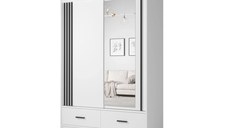 Dulap CANADA CA24-15, usi glisante, 2 sertare, 5 rafturi, bara de haine, oglinda, alb + negru, 150x60x215 cm