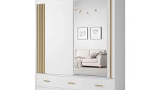 Dulap CANADA CA25-20, usi glisante, 3 sertare, 5 rafturi, bara de haine, oglinda, alb + auriu, 200x60x215 cm