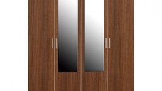 Dulap CORINNE, oglinzi, 4 usi, 4 rafturi, bara de haine, nuc, cant vanilie, 160x50x188 cm
