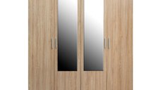 Dulap CORINNE, oglinzi, 4 usi, 4 rafturi, bara de haine, sonoma deschis, cant sonoma inchis, 160x50x188 cm