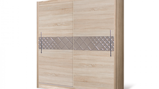 Dulap D03-20, usi glisante, 6 rafturi, bara de haine, corp sonoma deschis, fronturi gri, 200x59x215 cm