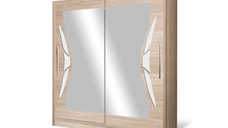 Dulap D08-15, usi glisante, 6 rafturi, bara de haine, oglinda, sonoma, 150x59x215 cm