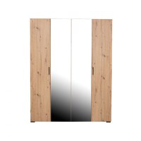 Dulap ECONO, oglinzi, 4 usi, 4 rafturi, bara de haine, stejar artisan, 160x50x206 cm - 1