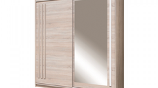 Dulap EF2-150, usi glisante, 6 rafturi, bara de haine, oglinda, sonoma + alb, 150x59x215 cm