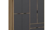 Dulap ELINA cu 6 usi si 2 sertare, antracit si auriu, dimensiuni 185x52x208 cm