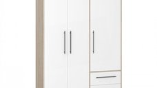 Dulap MKSS833-Q36 pentru haine, 3 usi, rafturi si sertare, sonoma cu fronturi albe, dimensiuni 144x58x200 cm